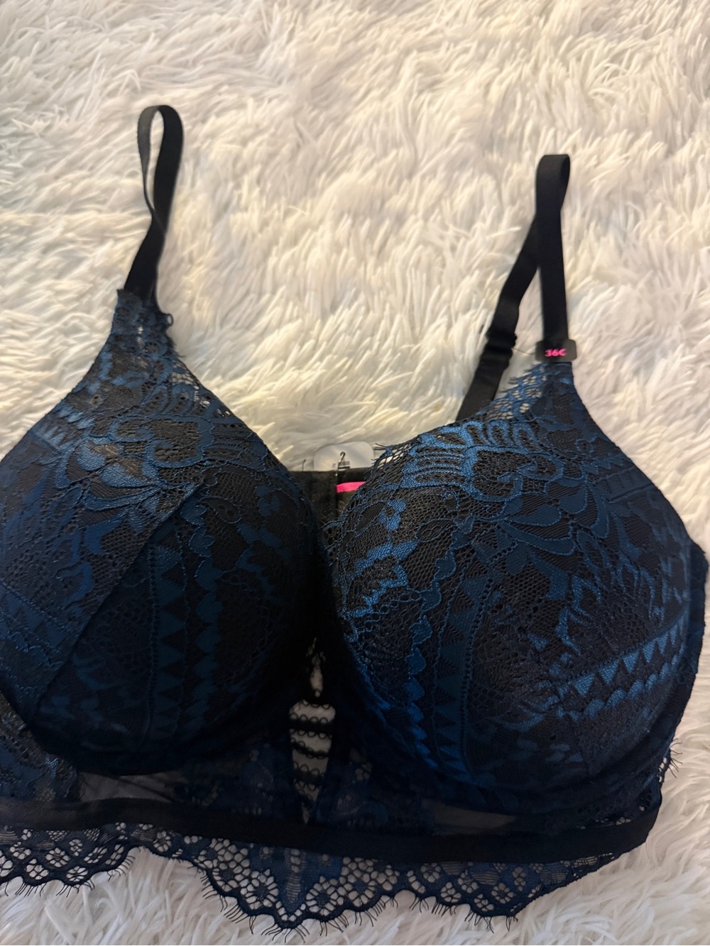 Lace overlay black blue padded Comfort Bra 36C La Senza NWT